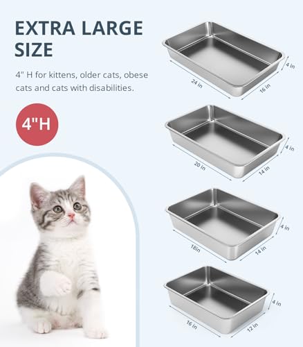 WENBOKMIN Stainless Steel Cat Litter Box - (23.5" L x 15.5" W x 4" H) | Non Slip, Easy to Clean, Never Absorbs Odor, Stains, or Rusts - size: 24" L x 16" W x 4" H
