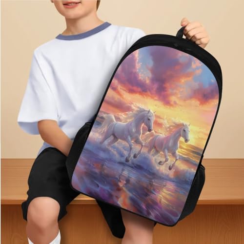 Sunset Horse Backpack for Girls 4th Grade Boys Bookbag with Lunch Box Dust Proof Water Bottle Holder and Pencil Case Customized 4 PCS Zipper Closure Secondary Big School Bag - color: Sunset Horse