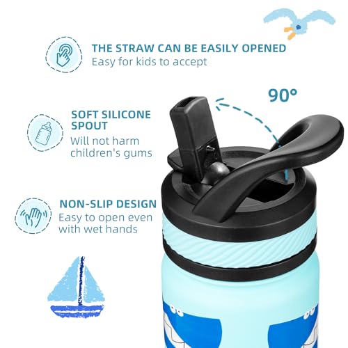 Fanhaw 14 oz Kids Water Bottle for School, Insulated Water Bottle with Straw Lid, Stainless Steel Vacuum Insulated Bottle for Boys & Girls, Leak-Proof, BPA Free(Pale Blue - Big Shark) - color: Pale Blue - Big Shark