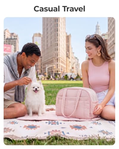 BAGSMART Dog Purse Carrier for Small Dogs Up to 13lbs Puppy Travel Tote Bag | Quilted Puffy Soft Sided Pet Handbag with Pockets, Collapsible Lightweight Portable Carrying with Safety Tether & Mat, Pink - color: Baby Pink