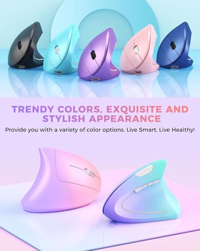 Lekvey Ergonomic Mouse, Vertical Wireless Mouse, Rechargeable, Pink Purple | Long Battery Life, USB-C Charging, Quiet Click, Carpal Tunnel Support, 2.4G Wireless, 3DPI 800/1200/1600, for Laptop, Mac, PC - color: Pink to Purple