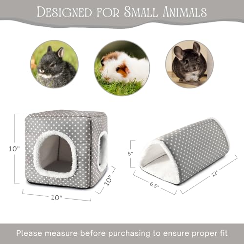 Guinea Pig Hideout, Dwarf Rabbit Bed with Play Tunnel, Washable Fleece House for Dwarf Bunnies, Chinchillas, Hedgehogs, Small Animal Cage Accessories Gray Dot - color: Grey