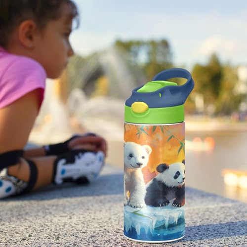 OTVEE Polar Bears Pandas Kids Water Bottle with Straw Lid Insulated Stainless Steel Cup Insulated Tumbler for Boys School 12 oz - color: Polar Bears and Pandas