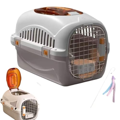 Hard Cat Carrier for Large Cats up to 20 lbs, Top Loading Plastic Pet Travel Kennel with Hard Shell, Metal Wire Door, Roof Petting Hatch and 360 Ventilation,Includes Feather Wand(Gray Set) - color: gray set