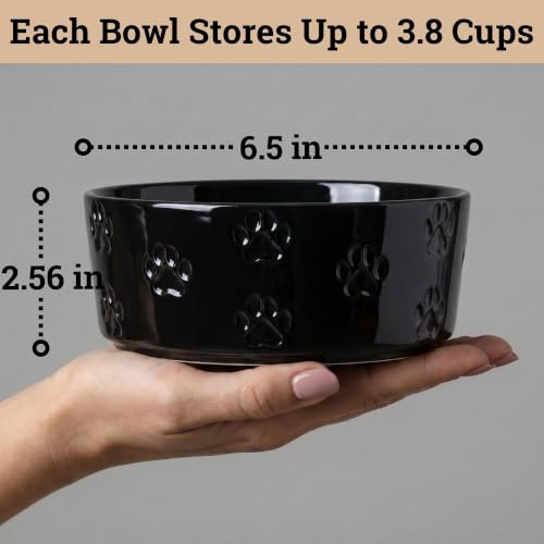 Ceramic Dog Bowl Set of 2 w/ Anti-Skid Base 6.5"W x 2.5"H, 3.8 Cup Capacity | Thick Ceramic, Dishwasher Safe, Anti-Skid Rubber Base, 3.8 Cups per Bowl, Ceramic Food & Water Bowls Set of 2 for Medium Dogs - color: Black, size: Medium