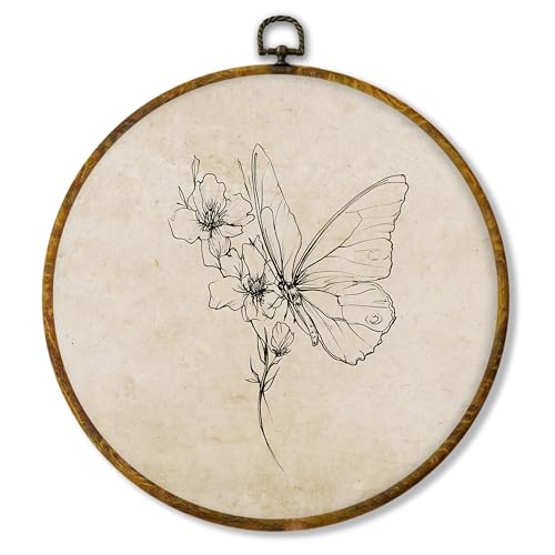 shiviody Neutral Butterfly Canvas Wall Art Decor, Rustic Butterfly Wall Decor, Vintage Black and Beige Butterflies Sketch Round Hanging Frame Prints Decorations for Farmhouse Bathroom 10"x10" - color: Animals-15