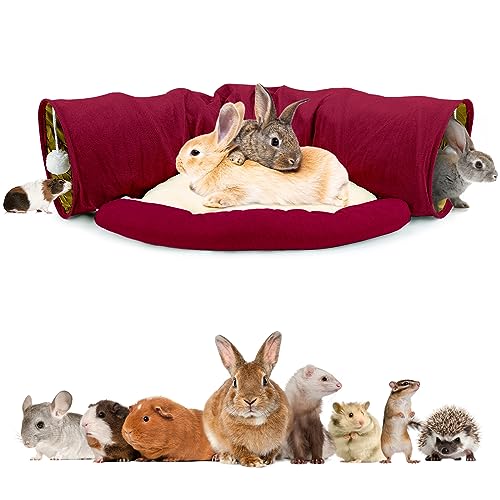 BWOGUE Bunny Tunnel Bed, 2-in-1 Collapsible Rabbit Tunnel Hideout with Mat | Removable Mat for Washing, Ball Toy for Play, Tunnel Tubes for Hiding, Soft Suede Fabric, Cats Rabbits Guinea Pigs - color: Red