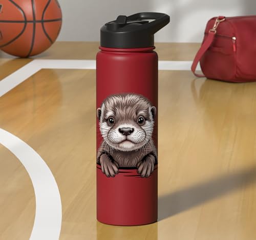 Cute Otter Pup Funny Peeking Pocket Animals Stainless Steel Insulated Water Bottle - color: Red