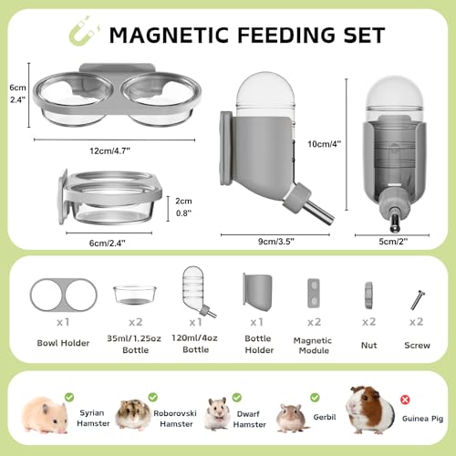 Magnetic Hamsters Feeding Set Freestanding Water Bottle Food Bowl for Glass Tanks, Suitable for Syrian Dwarf Hamsters Gerbils Mice Rats Degus (Gray, Magnetic-Mounted) - color: Gray