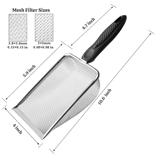 2Pcs Metal Litter Scooper Stainless Steel Metal Cat Litter Poop Scoop with 2.0mm & 3.8mm Mesh,Litter Cleaner Sifter for Cat,Dog,Kitty,Rabbit,Hamster, Reptile