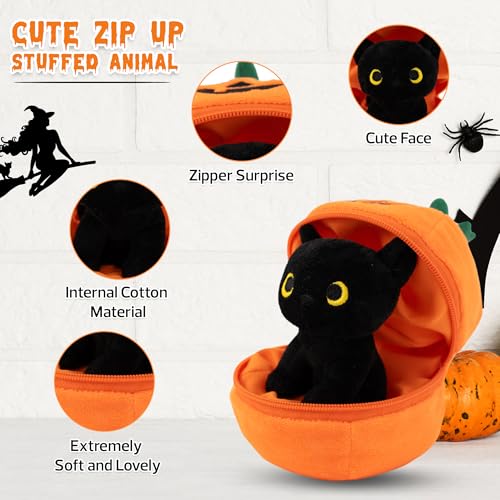 Plushland Halloween Zip-Up Pumpkin Stuffed Animal Plush Toys,Hideaway Spooky Black Cat Bat Ghost Plush Halloween Toy for Festive Decorations & Fun Surprises 6 Inches (Black cat) - style: Black cat