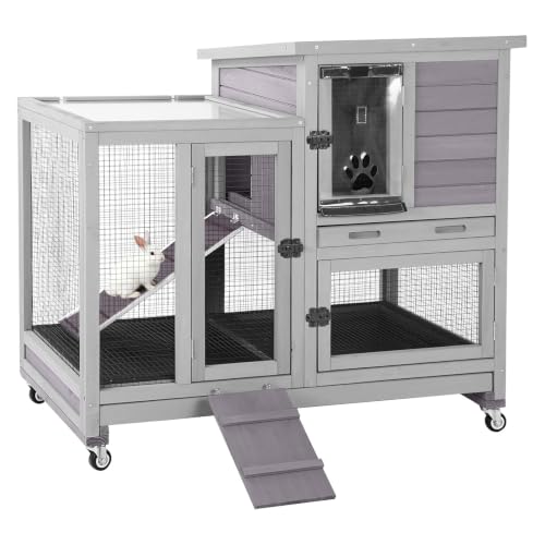 GUTINNEEN Rabbit Hutch Indoor Rabbit Cage with Wire Mesh Floor and Wheels Outdoor Bunny House 2 Story Guinea Pig Cage with Leakproof Asphalt Roof (Higher Version)