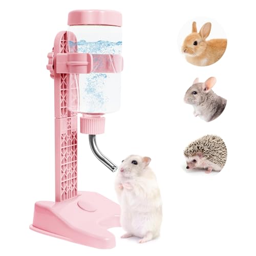 VANNON Pet Standing Water Dispenser Top Fill Dog Water Bottle Dispenser with Stand Leakproof Pet Slow Water Bottle for Small Animals, 13oz, BPA Free, Adjustable Height, Pink - color: Pink