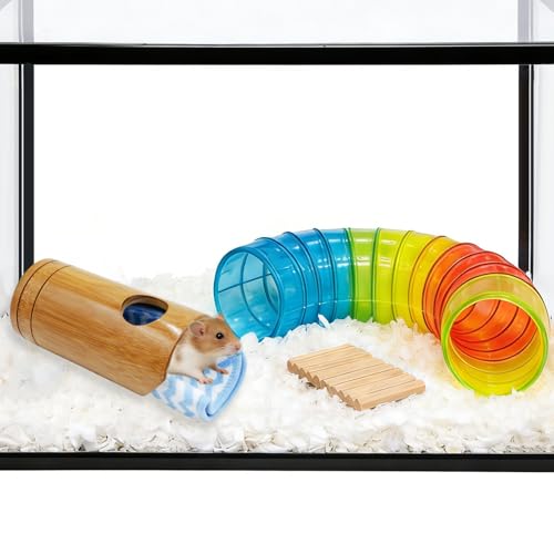 Rat Cage Accessories, Bamboo Tube Hide with Soft Towel Mat, Natural Hideout for Small Animals, Hamster Accessories for Cages, Hide for Hamster, Rat, Gerbil and Other Small Animals