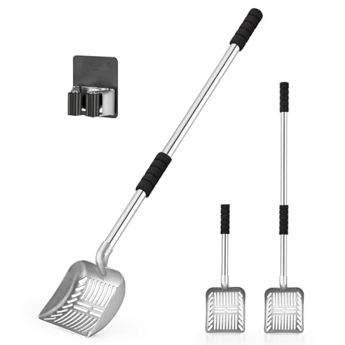 Metal Cat Litter Scoop: Detachable Long Handle Litter Scooper | Heavy Duty Stainless Steel Pooper Scooper w/Deep Shovel-Non Stick Sifter w/Foam Padded Grip-No Bending w/Storage Hook - color: silver shovel