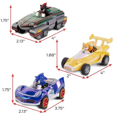 NKOK Special Edition! Sonic, Shadow and Tails Pullback (3-Pack) - Sonic & All-Stars Racing Transformed (electroplated) | Sonic & All-Stars Racing Transformed Collectible Vehicles for Kids Ages 4-6, No-Battery Pullback Action & Iridescent Finish