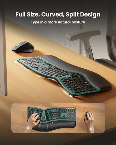 ProtoArc EKM01 Plus Wireless Ergonomic Keyboard Mouse Combo - Green | Full-size Split Keyboard with Cushioned Wrist Rest, Ergonomic Mouse, 3-Device Bluetooth/2.4G, USB-C Rechargeable - color: Green