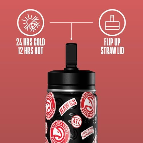 Hydrapeak x NBA Officially Licensed Atlanta Hawks 14oz Mini Kids Water Bottle with Straw Lid and Handle Reusable Stainless Steel Double Wall Insulated Spill Proof Sports Gift for Boys Girls - color: Atlanta Hawks