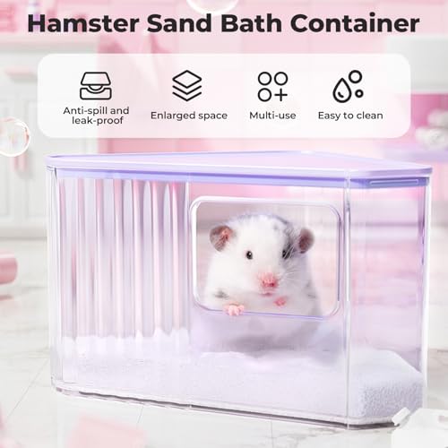 mini&moe Hamster Sand Bath Container - Small Animal Bathroom Shower Room Large Space Corner Digging Box with Cleaning Scoop Rat Dust Bath House for Guinea Pig, Hedgehog, Gerbil - color: Pink