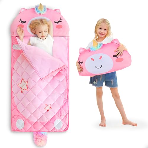 iPlay, iLearn Kid Sleeping Bag, Unicorn Slumber Sack, Toddler Girl Nap Mat | 2 in 1 Pink Animal Cushion Pillow Blanket, Happy Travel Sleepover Daycare Preschool Birthday Gift for 3 4 5 6 Year Old Child - style: Unicorn