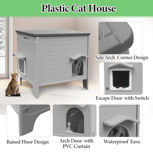 Cat House Outdoor Weatherpoof Plastic Cat Shelter Outside | with Escape Door Indoor Waterproof Feral/Pet Cat Houses for Puppy, Rabbit(Grey) - style: Standard