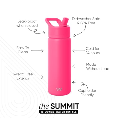 Simple Modern Insulated Water Bottle with Straw | 18oz | Pink | Summit Stainless Steel Water Bottles, Metal Cup | Leak Proof for School, Gym, Travel, Sports | Malibu - color: -Malibu, style: 18oz