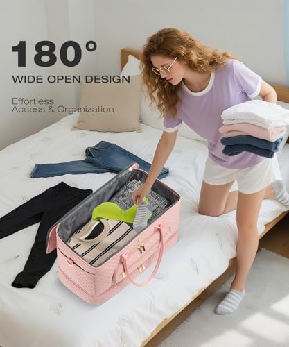 Travel Duffle Bag, Wide Open Large Weekender Bag for Women with Shoe Compartment, Carry on Overnight Bags with Toiletry Bag, Hospital Bag for Women Labor Delivery with Wet Pocket (Pink) - color: Pink, size: 45L