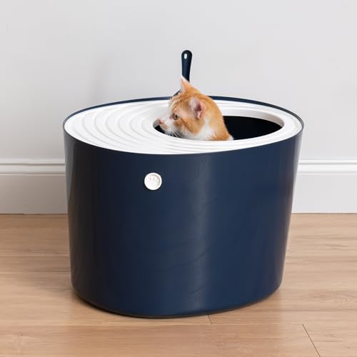 IRIS USA Large Top Entry Cat Litter Box, Hooded Privacy, Navy/White | Dog-Free Zone, Mess Containment System, Protected Interior, Dog Proof Pan, Odor Trapping, Easy Scoop Access - color: Navy, style: Top Entry