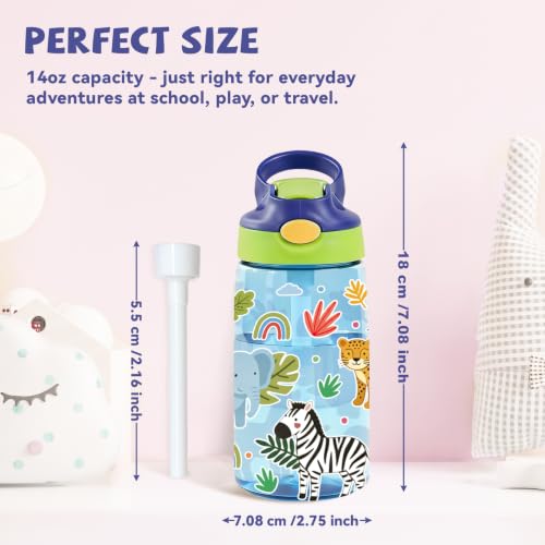 Kids Plastic Water Bottle - Jungle Animal Water Bottle for Kids, 14oz Plastic Water Bottles with Straw Lid, Leakproof BPA-Free Fun Animal Water Bottles for Home Sports Travel, Pop-Up Straw Cover, Blue - color: Jungle Animals
