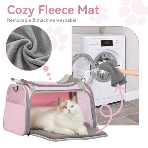 Petsfit Cat Carrier Airline Approved, 17.5×10.5×10.5 in, Pink | Escape-Proof Design with Locking Zippers & Safety Leash, Easy-Access 3-Way Entry, Washable Mat up to 12 lb - color: Pink, size: Medium