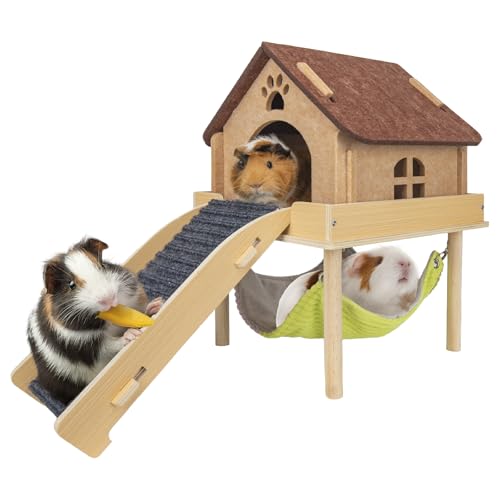 BESNEW 3 in 1 Enlarged Guinea Pig Hammock,Wooden Guinea Pig Hideout with House & Platform & Stairs Small Animal Toys for Hiding Sleeping Activities - color: Brown Roof