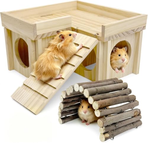 BNOSDM Wooden Hamster Hideout Set Multi Chamber Cage Accessories and Ladder | Syrian Dwarf Gerbil Mouse, Small Pet House and Hide, Log Bridge and Tunnel, Habitat Decor, Detachable Easy Clean - color: Wooden Hideout with Food Bowl