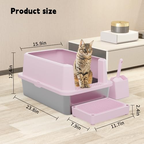 RIZZARI Stainless Semi-Closed Litter Box: High-Sided Open for Large Cats | 304 Stainless Bottom / 6.5" High Splash Guard / Low Front Entry / Spacious for Large Breeds / 30-Second Tool-Free Assembly - color: Pink, 1 Pack
