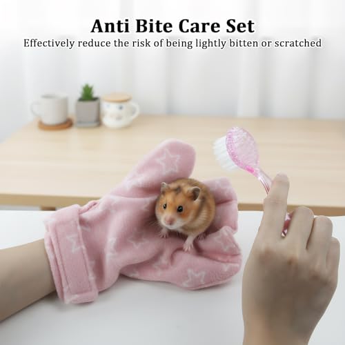 1Pcs Hamster Bite Proof Glove and Grooming Brush Set, Adjustable Hamster Glove, Lid Soft Cleansing Brush Massage Combs, Guinea Pig Brush, Hamster Care Set for Hamsters, Ferrets, Hedgehogs (Pink Stars) - color: Pink Stars