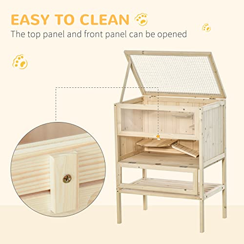 PawHut 3-Tier Wooden Hamster Cage Mice and Rat Cage Small Animals Hutch with Openable Top, Front Door, Storage Shelf, Natural Wood | Small Animals Hutch, Openable Top, Storage Shelf - color: Natural Wood