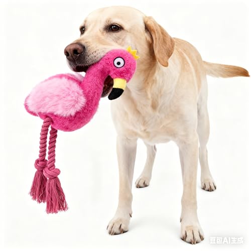 Plush Flamingo Dog Toy with Squeaker and Rope Legs for Small Dogs Puppies | Soft plush material with fun sounds, perfect for tugging, fetching, indoor play and bonding with your furry companion. - color: Pink Flamingo
