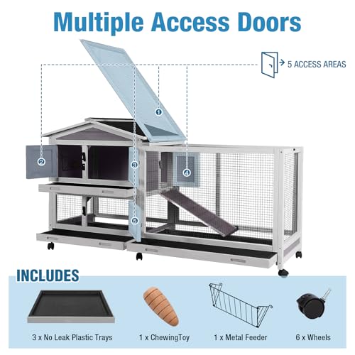 Rabbit Hutch Indoor, 62’’ Bunny Hutch Outdoor, Mobile Rabbit House with Wheels, Wooden Bunny Cage with Leakproof Tray, Chew-Proof Ramp for Guinea Pig(Grey)