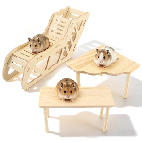 3 Pack Wooden Hamster Play Platform, 3-in-1 Natural Small Pet Playground with Tunnel, Ladder & Hidden Rest Area, Wooden Support Column Cage Accessories for Hamsters, Squirrels & Tiny Pets