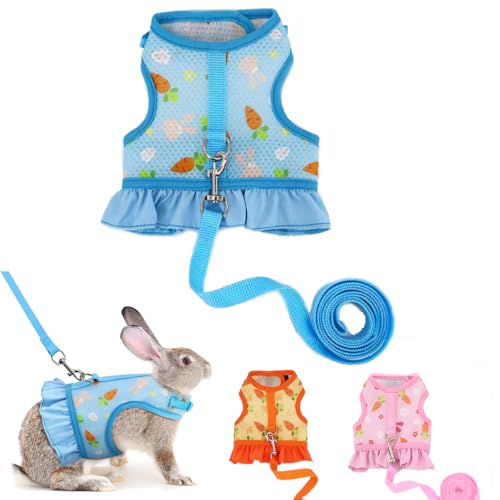 Rabbit Harness and Leash Set, Bunny Vest Guinea Pig Clothes Ferret, Blue S | Soft Mesh Vest Set Escape-Proof Cute Carrot Pattern for Rats Hamster Chinchilla Small Animals Cat Kitten Puppy - color: Blue, size: S (neck:5.5"-7.1" chest:7.1"-9.4")