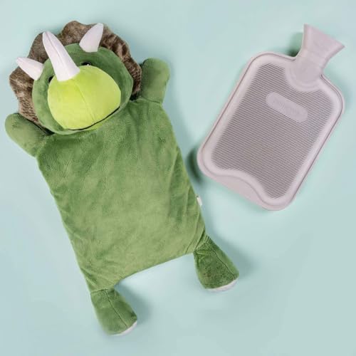 HomeTop Premium Classic Rubber Hot Water Bottle with Triceratops Cover | Natural rubber hot water bottle,Long-lasting heat retention,Snuggly all-night warmth - color: Gray/Triceratops