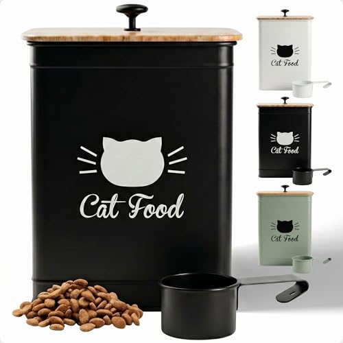 Cat Food Container with Scoop 5-7 lb (25 Cup), with Airtight Bamboo Lid | Cat Kibble Canister with Metal Scoop, 25 Cups, Chew Proof Iron Body, Powder Coated, Airtight Bamboo Lid, Sturdy Metal Handle - color: Black