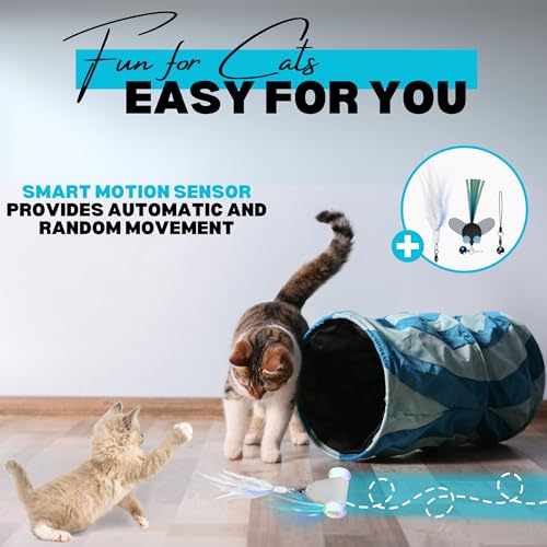 Rolling Rover – Interactive Cat Toy with RGB Wheels, Automatic Moving Mouse-Shaped Design, Feather Butterfly and Bell Attachments, Smart Motion Activated for Indoor Cats & Kittens (Blue) - color: Blue