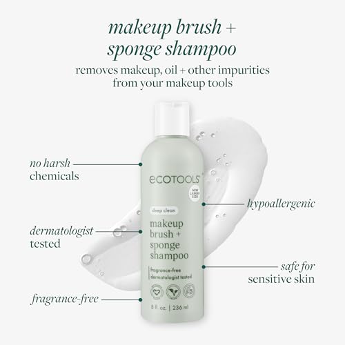 EcoTools Makeup Brush Cleanser + Sponge Shampoo, Fragrance-Free, 8 Fl Oz | Cleaner brushes and sponges, makeup brush soap for daily washing, beauty blender cleaner, plant based, sulfate free