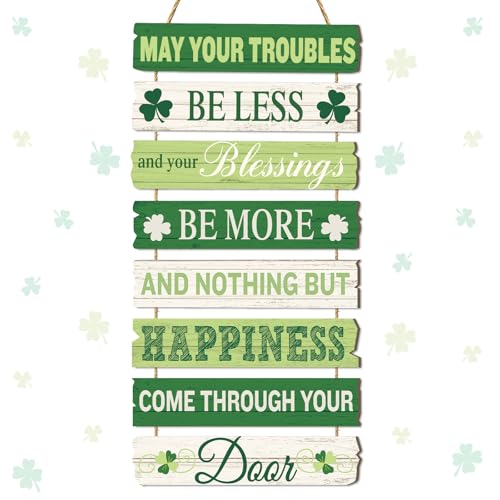 JarThenaAMCS St. Patrick's Day Door Sign Wooden May Your Troubles Be Less Irish Blessing Sign Shamrock Rustic Hanging Wall Decor for Indoor Outdoor Farmhouse Home Party Decor - style: St. Patrick's Day