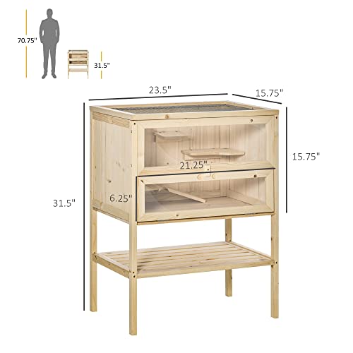 PawHut 3-Tier Wooden Hamster Cage Mice and Rat Cage Small Animals Hutch with Openable Top, Front Door, Storage Shelf, Natural Wood | Small Animals Hutch, Openable Top, Storage Shelf - color: Natural Wood
