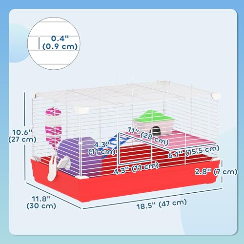 PawHut 18.5" Hamster Cage Exercise Wheel Water Bottle 2-Story Design Red | Dish, Rat House, Habitat