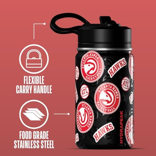 Hydrapeak x NBA Officially Licensed Atlanta Hawks 14oz Mini Kids Water Bottle with Straw Lid and Handle Reusable Stainless Steel Double Wall Insulated Spill Proof Sports Gift for Boys Girls - color: Atlanta Hawks