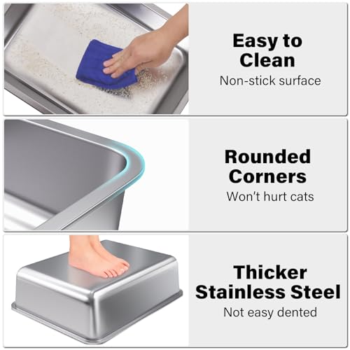 Stainless Steel Litter Box 2 Pack, Metal Litter Box | High Sided Steel Litterbox, Easy Clean Non Stick Non Smell for Kitty/Cats - size: 2pcs M:17.7"x13.7"x6"