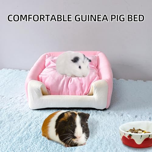 Guinea Pig Bed,Fleece Bunny Hideout House,Warm Rabbit Sleeping Bed with Pee Pad,Winter Large Hiding Hut for Hamster Ferret Rat Chinchilla Hedgehogs,Pink - color: Pink