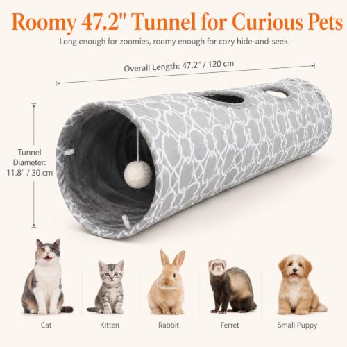 Geometric Straight Cat Tunnel with Plush Inside,Cats Toys Collapsible Tunnel Tube with Balls, for Rabbits, Kittens, Ferrets,Puppy,Diameter 11.8 Inch - size: Extra Large Straight Tunnel